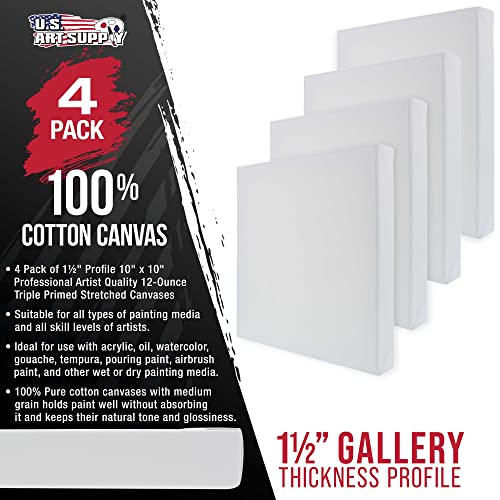 U.S. Art Supply 10 x 10 inch Gallery Depth 1-1/2" Profile Stretched Canvas, 4-Pack - 12-Ounce Acrylic Gesso Triple Primed, - Professional Artist Quality, 100% Cotton - Acrylic Pouring, Oil Painting