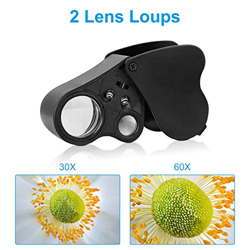 2 Pack Illuminated Jewelers Loupe, 30X 60X 90X Portable Eye Loupe Magnifier Lighted Magnifying Glass with Bright LED Light for Jewelry Coins Gems Stamps Watches Rocks