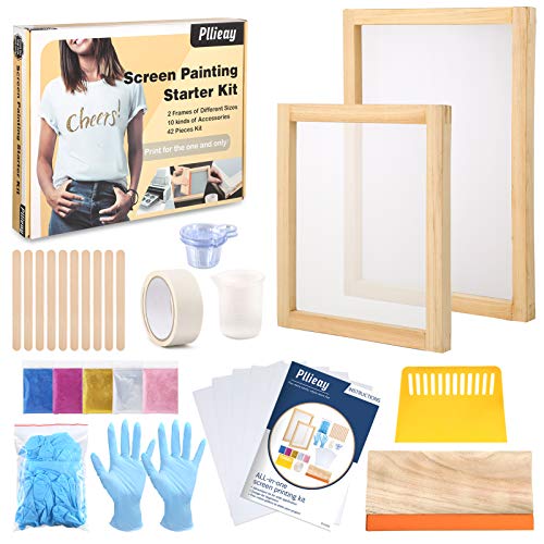 Pllieay 42 Pieces Screen Printing Kit with Instructions, Include 2 Pieces Wood Silk Screen Printing Frames, 5 Colors Fine Glitter, Screen Printing Squeegee, and Waterproof Transparency Films