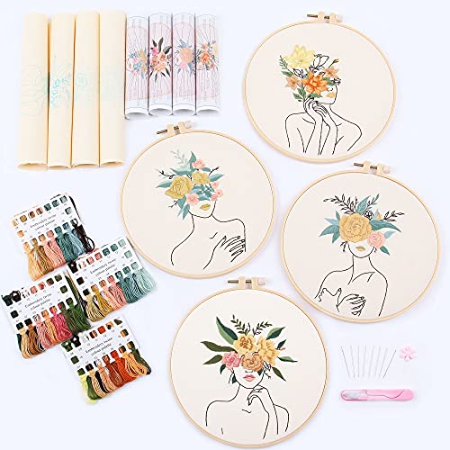 REEWISLY 4 pcs of Embroidery Starter kit with Patterns and Instructions, DIY Adult Beginner Cross Stitch Kits, Including 2 Plastic Embroidery Rings, 1 Pair of Scissors, Colored Threads and Needles