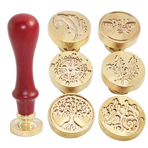 Wax Seal Stamp 6 Pieces Set Sealing Wax Stamp Heads 6Pcs + 1 Wooden Handle Wax Envelope Seal Stamp Kit for Wedding Invitation, Birthday Card, Gift Wrap, Envelopes Letters Gift Decor
