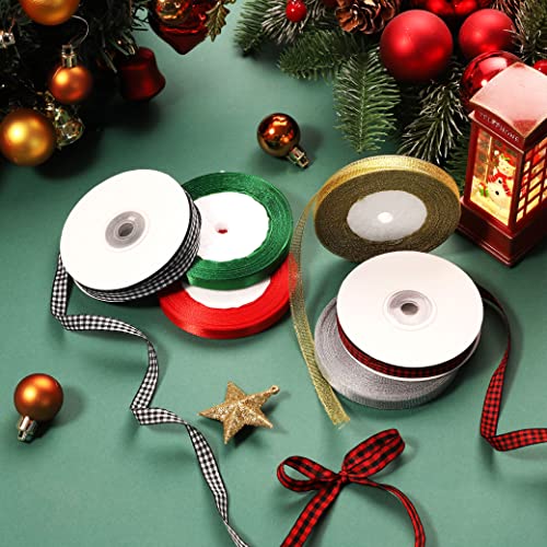 6 Rolls 150 Yards Christmas Wrapping Ribbon Glitter Fabric Holiday Festival Satin Plaid Ribbons for Gift Wrapping Decoration Floral Bows Craft…
