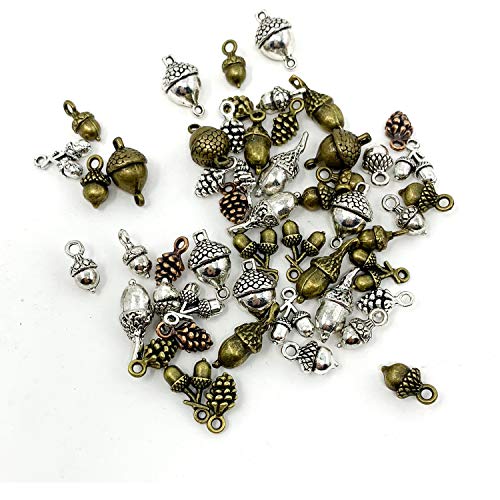 Pine Cone Acorn Charms Collection - JIALEEY Mixed Tibetan Style Alloy Pinecone Pendants Nature Nuts Charm for Jewelry Making Accessory 50pcs(100g)