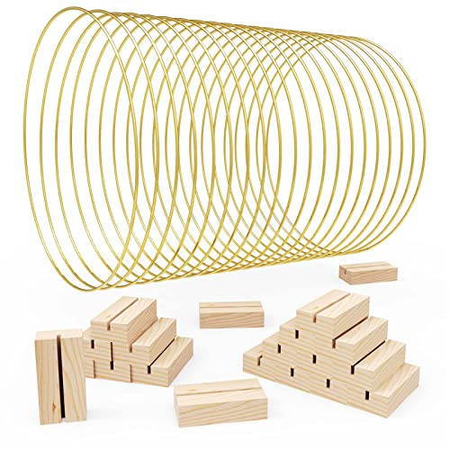 Sntieecr 20 PCS 12 Inch Metal Floral Hoop Centerpiece for Table with 20 PCS Wooden Card Holders, DIY Wreath Gold Hoop Rings for Home Decorations Wedding Table Decorations and Macrame Crafts