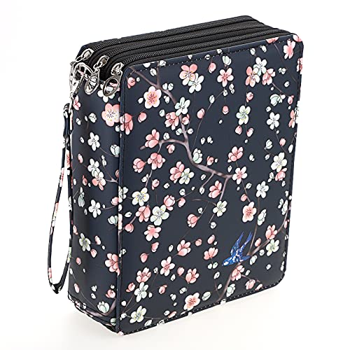 BTSKY Colored Pencil Case- 120 Slots Pencil Holder Pen Bag Large Capacity Pencil Organizer with Handle Strap Handy Colored Pencil Box with Printing Pattern(Black+Pink)