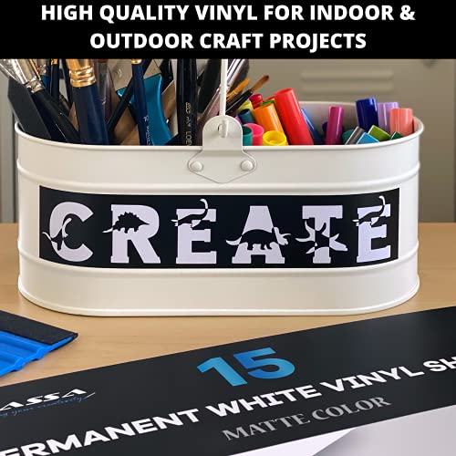 Kassa Permanent Vinyl Sheets - 15 Pack, 12” x 12” White Sheets with Bonus Transfer Tape - Self Adhesive, Durable and Waterproof Vinyl Bundle for Cutting Machines, Ideal for Indoor and Outdoor Projects
