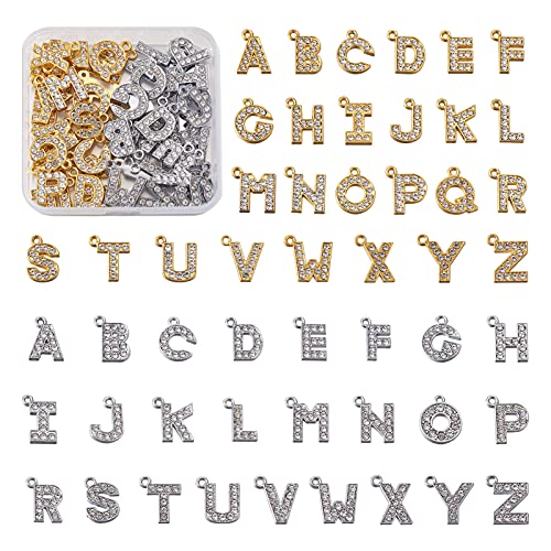 PandaHall 52pcs Rhinestone Alphabet Charms Golden & Platinum A-Z Initial Letters Diamond Dangle Pendants for DIY Name ID Necklace Bracelet Jewelry Making