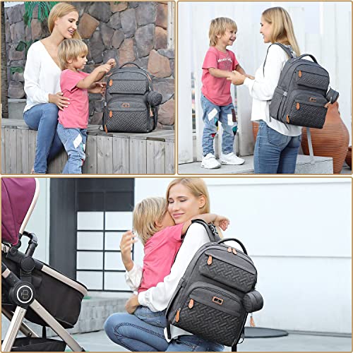 BabbleRoo Diaper Bag Backpack, Unisex Bags with Changing Pad, Pacifier Case & Stroller Straps, Multifunction Waterproof Travel Back Pack for Boys Girls, Dark Gray