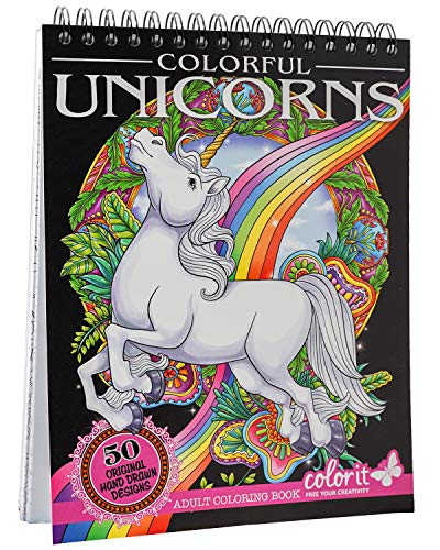 ColorIt Colorful Unicorns Adult Coloring Book - 50 Single-Sided Pages, Thick Smooth Paper, Lay Flat Hardback Covers, Spiral Bound, USA Printed, Hand Drawn Unicorn Coloring Pages