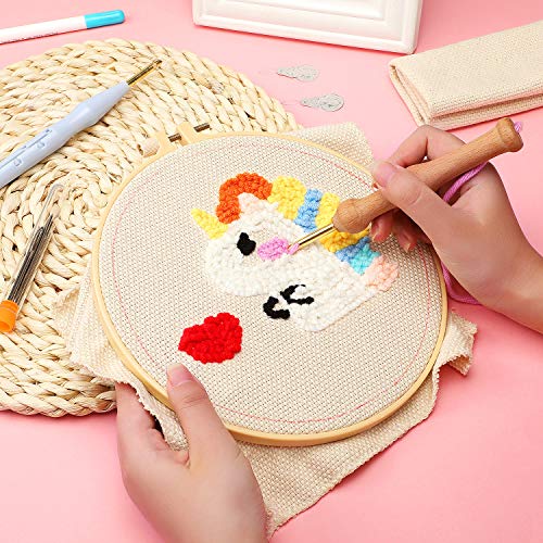 17 Piece Punch Needle Embroidery Kits Adjustable Rug Yarn Punch Needle Wooden Handle Embroidery Pen Needle Threader Punch Needle Cloth for Embroidery Floss Cross Stitching Beginner (Blue, Sky Blue)