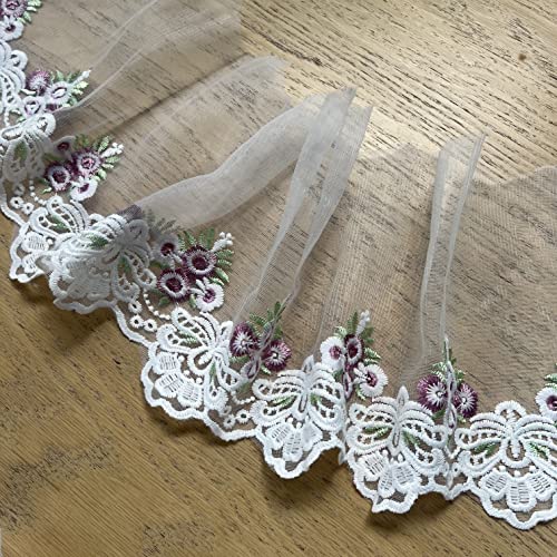 8.2inch Width Europe Floral Embroidery Lace Trim, Wedding DIY Applique, Sewing lace Accessories for Curtain/Tablecloth /Slipcover / Clothing, 5yards (White&Purple)
