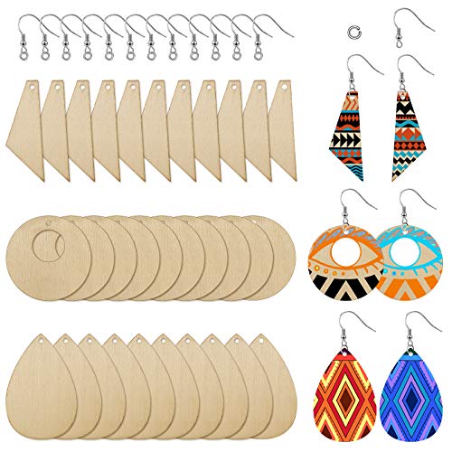 Hicarer 60 Pieces Unfinished Wooden Earrings Pendants Blank Teardrop and Tapered Cutout Pendants with 60 Pieces Earring Hooks and 60 Pieces Jump Rings for DIY Craft Jewelry Making