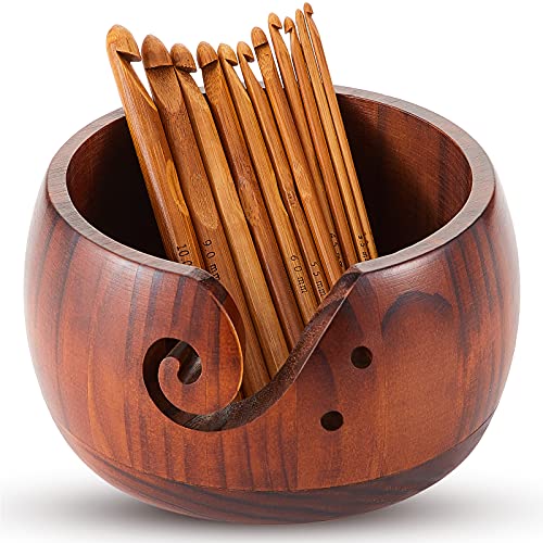 Wooden Yarn Bowl Crocheting Bowl Round Knitting Wool Storage Yarn Bowl Handmade with Holes 12 Pieces Crochet Hooks for Crocheting Knitting DIY Crafts Tools (Dark Brown,6 x 3 x 3 Inch)