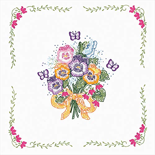 Tobin Pansies Stamped for Embroidery Quilt Block Kit, White 18" x 18"