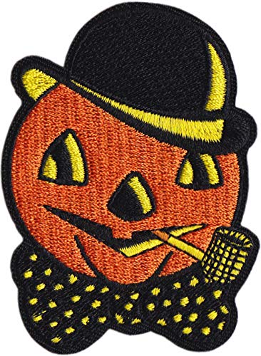Jack-O-Lantern Halloween Pumpkin with Hat, Pipe & Bow Tie - 3" Embroidered Iron on Patch