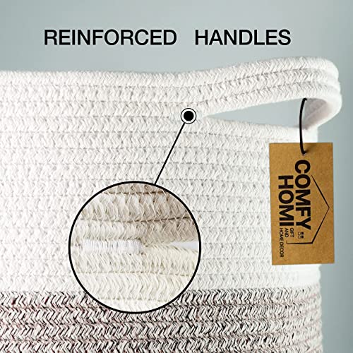 Cotton Rope Woven Basket With Handles for Shelves ,Toys ,Book, Cloth Storage Baskets for Organizing-13.5" x 11" x 9.5" Nursery Cube Bin,Decorative Storage Organizer for Living Room, Bathroom by COMFY-HOMI（White/Brown）