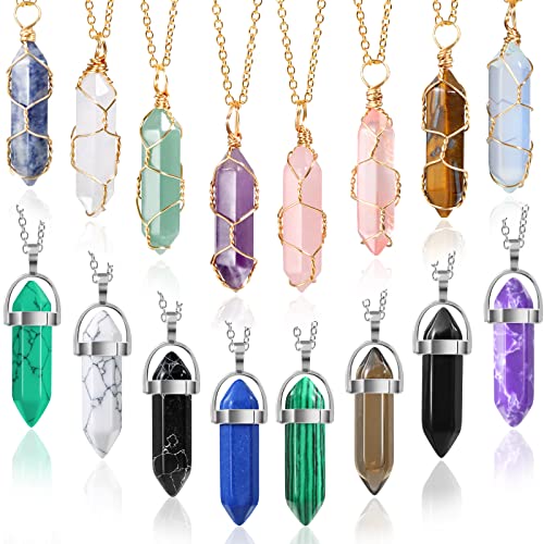 Crystal Pendants Necklaces Set,16 PCS Hexagonal Chakra Crystal Healing Stones Spiritual Natural Bullet Shape Gemstone Pointed Quartz Stone Necklace with Jewelry Chain Gift Box for Women Girls