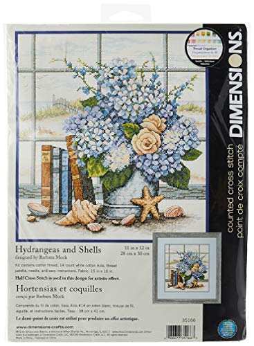 Dimensions 'Hydrangeas and Sea Shells' Counted Cross Stitch Kit, 14 Count White Aida, 11" x 12"