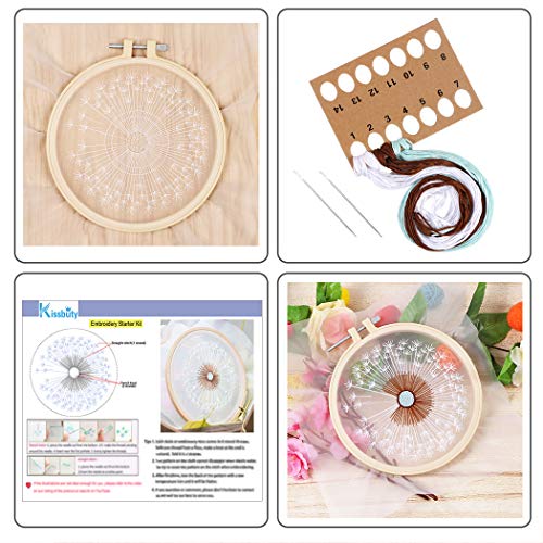 KISSBUTY Full Range of Embroidery Starter Kit with Pattern, Cross Stitch Kit Including Clear Organza Stamped Embroidery Fabric with Pattern,Plastic Embroidery Hoop,Color Threads, Tools(Dandelion)