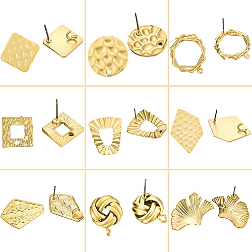 36 Pieces Matte Gold Ear Studs with Loop Hole Earring Posts Kit 9 Different Patterns Round Square Pentagonal Fan-Shaped Spherical for DIY Earring Making or Craft Jewelry Components