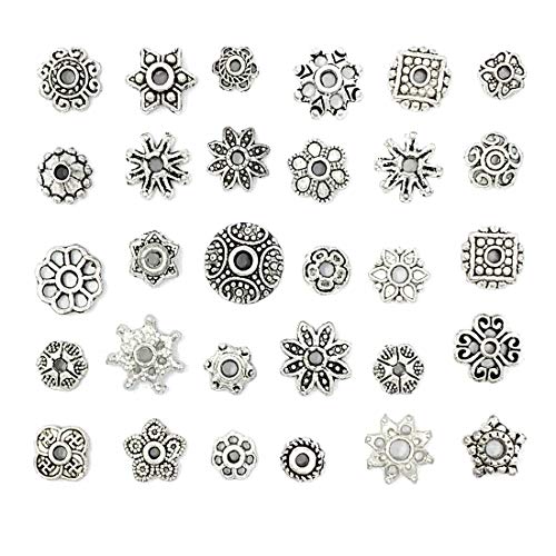 JIALEEY Wholesale Bulk Lots 150Pcs 30 Style Tibetan Silver Bead Caps Mixed for DIY Jewelry Making, Bali Style 5-10mm