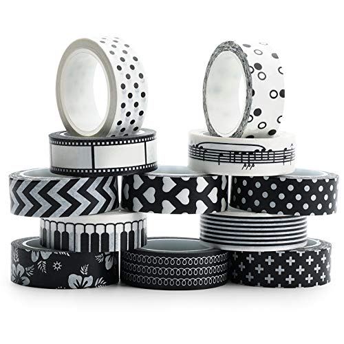 12 Rolls Washi Tape Set,0.6 inches,12 Styles Black and White Decorative Masking Tape for DIY Crafts Gifts Scrapbook Journal Planners Birthday Decor Supplies for Kids and Аdults