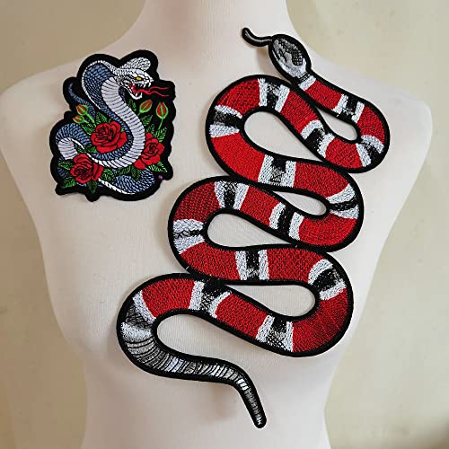 2pcs Cool Red Black Snake Embroidered Applique Patch Vintage Animal Patch T-Shirt Jeans Decoration Patch DIY Garment Accessories