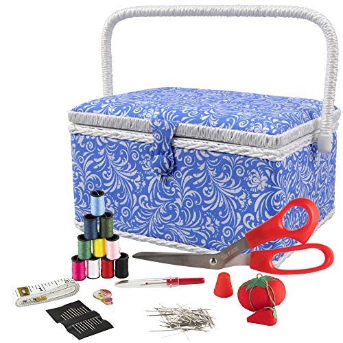 SINGER 07228 Sewing Basket with Sewing Kit, Needles, Thread, Pins, Scissors, and Notions, Deliah Scroll