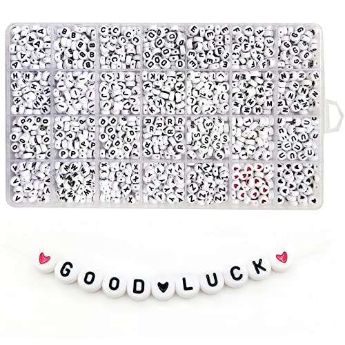 Amaney 1450pcs Alphabet Beads 4x7mm White Round Flat Acrylic Letter Beads A-Z Red Heart and Black Heart Beads for Jewelry Making Bracelets Necklaces Key Chains