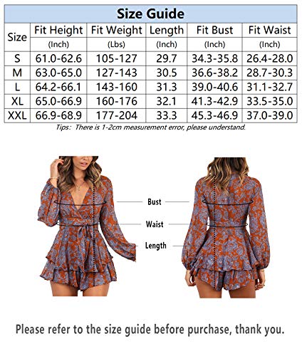 Relipop Women's Jumpsuit Floral Print V Neck Baggy Sleeve Waist Tie Double Layer Ruffle Hem Short Mini Dress Romper (T5, X-Large, x_l)