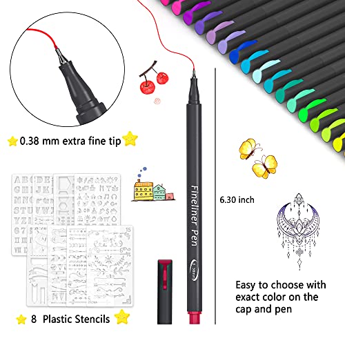 Tebik 108 Pack Journal Planner Pens Colored Pens, 100 Assorted Colors Drawing Pens with 8 Different Stencils, Perfect for Dotted Journal Planner Writing Note Calendar Coloring Office School Supplies