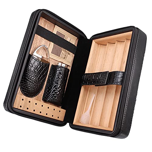 TOIKA Premium Black Leather Cigar Humidor Box， Convenient Cigar Case Holder with Cigar Lighter and Cutter Combo Set