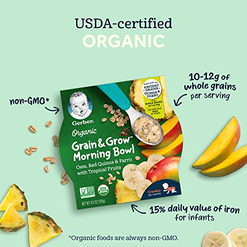 Gerber Organic Grain & Grow Morning Bowl, Oats, Red Quinoa & Farro with Tropical Fruits, 4.5 Ounce (Pack of 8)