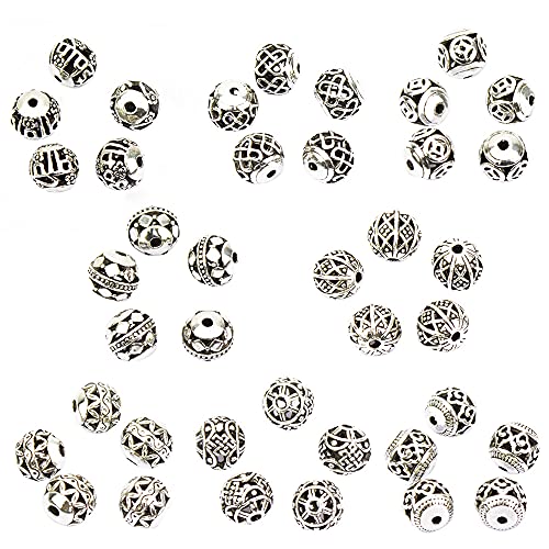 LolliBeads (TM) 10mm 40 Pcs Tibetan Silver Round Hollow Spacer Charm Beads Jewelry Findings Mix Lot Box Set Assortment