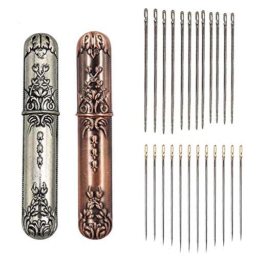 2 Pieces Vintage Needle Case Convenient Needle Storage Sewing Supplies with 24 Pcs Self-Threading Needles for Storing Handmade Sewing Embroidery Needle Accessories