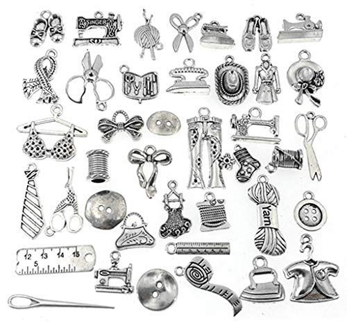 ALIMITOPIA Assorted Sewing Charm Scissor Pipe Yarn Clew Button Sewing Machine Knitting Tailoring Charm Pendant Connector for DIY Necklace Bracelet Jewelry Making Findings(40pcs,Silver Tone)