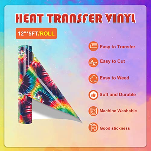 Tintnut Tie-dye Swirl Heat Transfer Vinyl Roll - 12 Inch x 5ft Roll HTV Big Gradient Swirl Iron on Vinyl Colorful Ombre Spiral Patterned HTV Vinyl DIY Bags T-Shirts for Cricut or Silhouette Cameo
