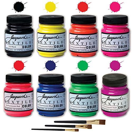 Jacquard fabric paint Fluorescent Textile 8-Color Set for Clothes ,Permanent Fluorescent Paint for Jeans, Shoes, Canvas, Leather, Upholstery, With 3 brushes