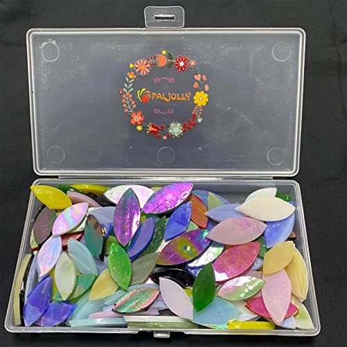 PALJOLLY 120 Pcs Iridescent Glass Petal Mosaic Tiles for Crafts, Stained Glass Supplies, Flower Leaves Mosaic Pieces Kit, Assorted Size and Rainbow Colors