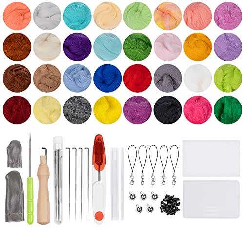 Needle Felting Kit, 32 Colors Wool Roving Set, Needle Felting Starter Kit for Beginner, Wool Felting Tool Kit with Felting Tool and Foam Mat, Needle Felting Supplies for DIY, Arts and Craft Activity
