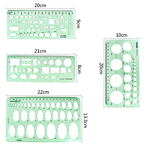 BronaGrand 4pcs Plastic Measuring Templates Drafting Drawing Stencils Geometric Rulers for Office and School, Building Formwork(Clear Green)