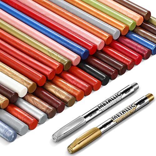 58 Pcs Sealing Wax Multicolored Wax Seal Sticks Stamp Wax for Glue Gun Sealing Wax Sticks for Stamp Seals and 2 Wax Seal Pen Kit for Wax Letter Cards Envelopes Wedding Invitation Craft Adhesive Waxing