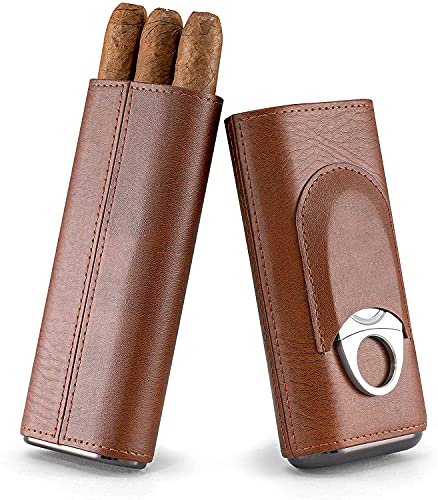 Oyydecor Cigar Case Cigar 3- Finger Carrying Case Set Cedar Wood Lined Leather, Cigar Humidor with Silver Stainless Steel Cutter (Brown)