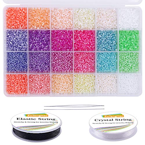 EuTengHao 16800pcs Tube Glass Seed Beads and Small Pony Beads Kit with Bracelet String Bugle Spacer Beads for DIY Bracelet Necklaces Handicrafts Jewelry Making Supplies (2mm,12/0,24 Colors)