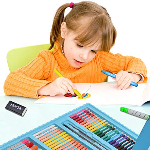 Sunnyglade 185 Pieces Double Sided Trifold Easel Art Set, Drawing Art Box with Oil Pastels, Crayons, Colored Pencils, Markers, Paint Brush, Watercolor Cakes, Sketch Pad (Blue)