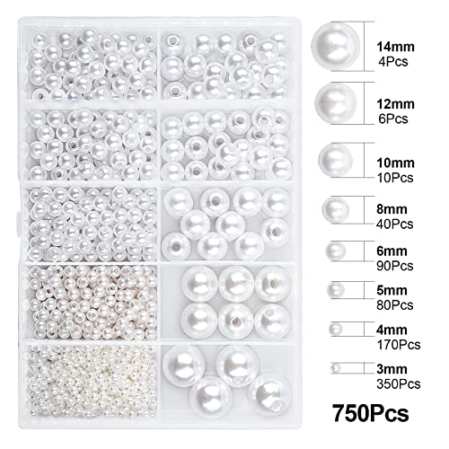 750 Perforated White Pearl Beads 3mm 4mm 5mm 6mm 8mm 10mm 12mm 14mm Round Imitation Glass Pearls Bulk Spacer Beading Supplies for DIY Jewelry Making Necklaces Bracelets Earrings