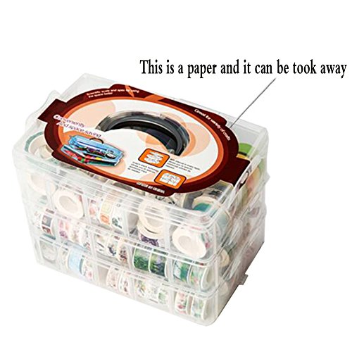 HomDSim Washi Tape Box Organizer Storage,Divider Closet Container,with 30 Adjustable Compartments,Clear,Masking Tape Desktop Tape DIY Sticker Roll Tape Cutter Holder Storage,Finger Safty Dispenser