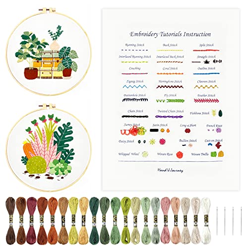 HAND U JOURNEY Basic Embroidery Stitch Kit for Beginner, 1 Include 28 Different Stitches and 2 Set Plant & Home Theme Embroidery Kit for Craft Lovers