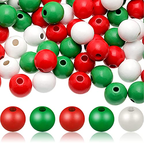180 Pcs Wooden Bead Colorful Wood Beads for Crafts Round Wooden Bead with Large Hole Loose Spacer Beads for Holiday Decoration DIY Crafts Jewelry Making (Green, Red, White)