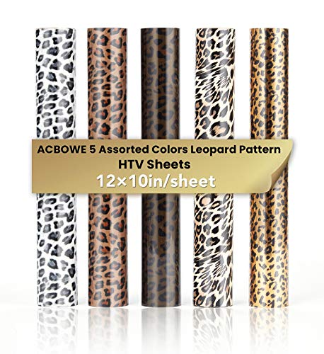 5pcs/Set Leopard Patterned Heat Transfer Vinyl, Stretchable 12" x 10" Cheetah Print HTV Vinyl Sheets for T-Shirt Decoration and DIY Craft Material